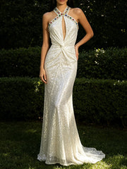 Sequin halter neck maxi dress with gem detail and twisted bodice
