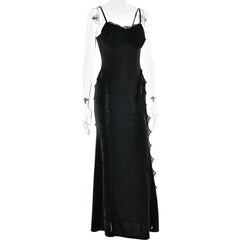 Black Lace Trim Spaghetti Strap Maxi Dress