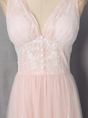 Pink Lace V-Neck Tulle Maxi Dress