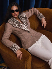 Deer Fur Trim Turn Down Collar Two Button Jacket