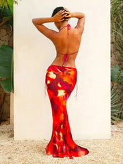 Abstract print mesh maxi skirt and bikini top back view