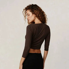 Ruched Wrap Neck 3/4 Sleeve Crop Top
