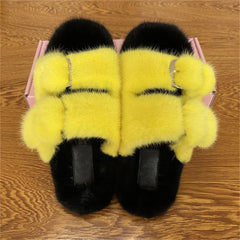 Mink Fur Flat Round Head Slippers