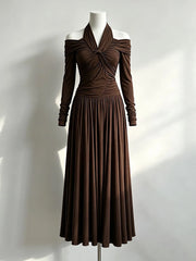 Long Sleeve Cut Out Neck Ruched Bodice Maxi Dress