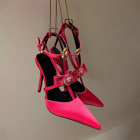 Pink silk bow strap high heel sandals