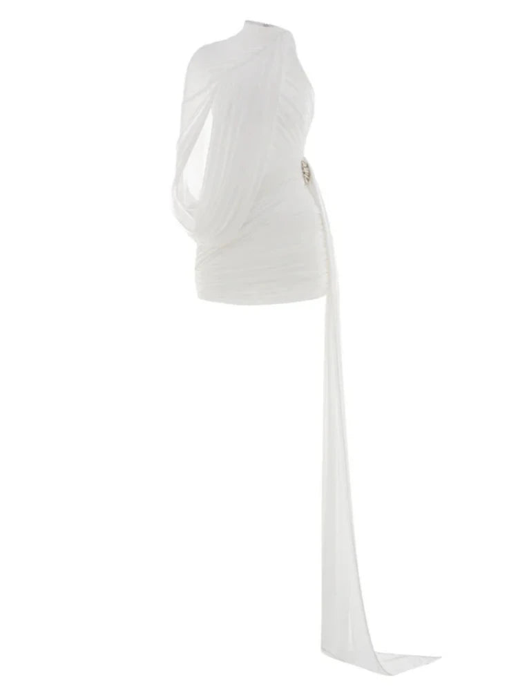 White dress with a long slit on a white background
