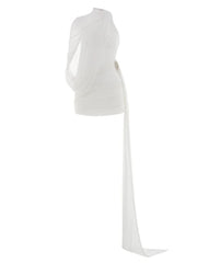 White dress with a long slit on a white background