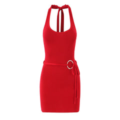 Red dress with a halter neck and belt on a white background