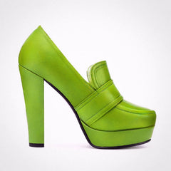 Green platform belt buckle round toe heels