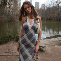 Blue Lace Trim Plaid Print Deep V Halter Long Dress