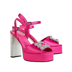 Satin platform sandal with a crystal-embellished block heel