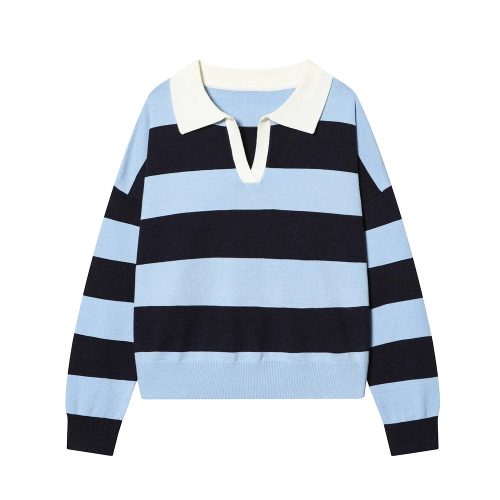 Striped sweater with a white collar on a white background