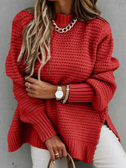 Women Knitted Sweater Solid Batwing Sleeve Side Split Pullover