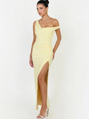 Asymmetrical Neck High Slit Maxi Dress