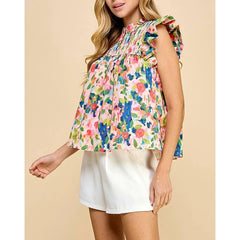 Smocked boho summer top with flying sleeves and V-neck