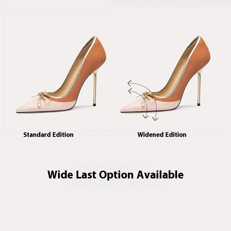 Two high-heeled shoes, one standard and one widened, on a light gray background.