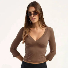 V neck three quarter sleeve crop top in brown with sunglasses