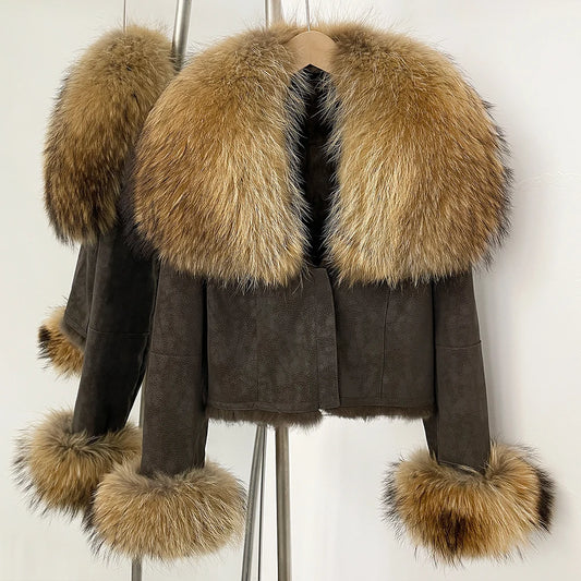 Dark coffee suede fur trimmed jacket
