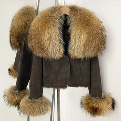 Real Fur Collar & Cuffs Suede Cropped Jacket