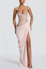 Lace Halter Neck Corset Drape Waist High Slit Maxi Dress