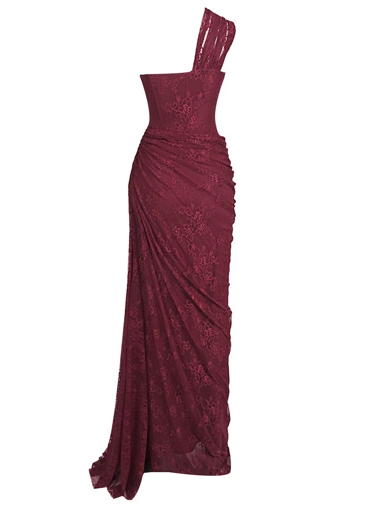 Maroon evening gown with lace detailing on a white background