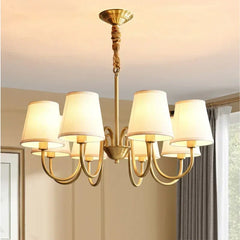 Classic 6-arm cottage chandelier with fabric shades and polished copper frame – warm lighting for dining and living spaces