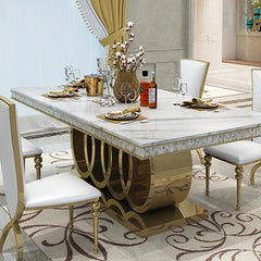 Marble Dining Table Chairs Set Stainless Steel Golden Carved Furniture