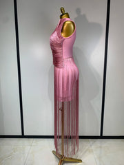 Side view of pink fringe turtleneck dress with detail