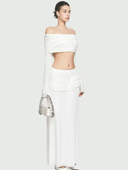 Off Shoulder Pleated Cropped Top With High Waist Midi Skirt Set