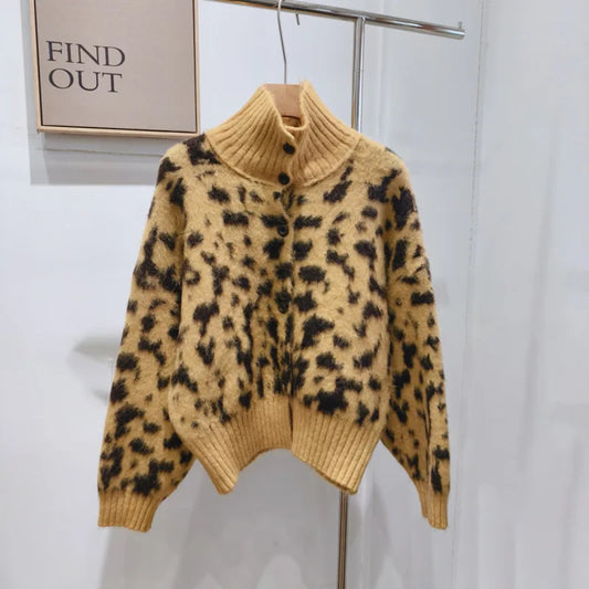 Yellow leopard print turtleneck coat