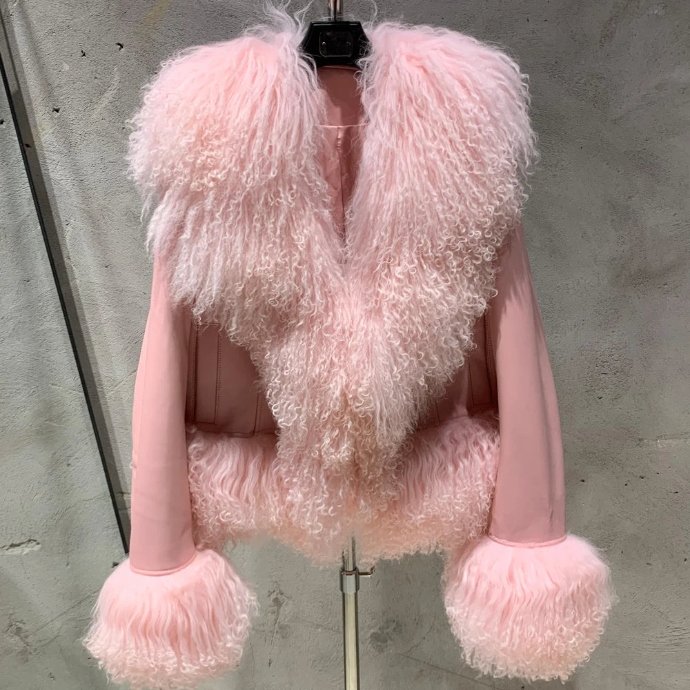 Pink fluffy vest on a mannequin against a gray background