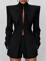 Close-up of the cut out collar on a black blazer