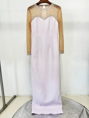 Beaded mesh illusion neckline column gown on hanger