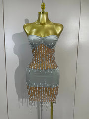 Strapless rhinestone chain mini dress front view
