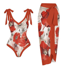 Tie-Strap V-Neck One-Piece Swimsuit with Matching Sarong Set