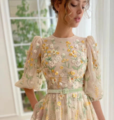 Embroidery Lace Puff Sleeves A Line Evening Dress with Pocket