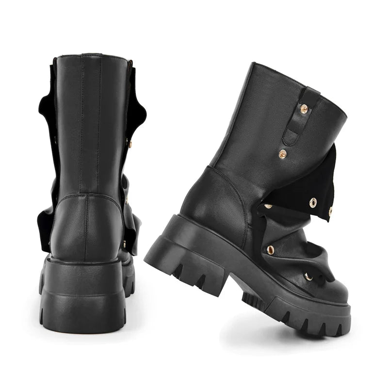Black leather chunky platform foldover boots angled view