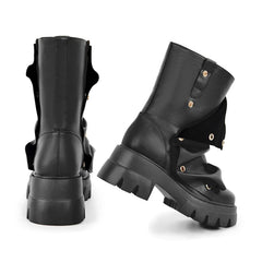 Black leather chunky platform foldover boots angled view