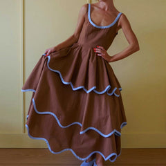 Tiered Contrast Seam Ruffle Trim Sleeveless Maxi Dress