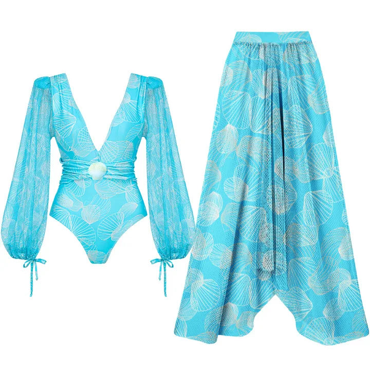 Blue long sleeve v-neck ruched one-piece swimsuit and flowy maxi skirt set with seashell print