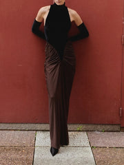 Ruched Draped Turtleneck Maxi Dress