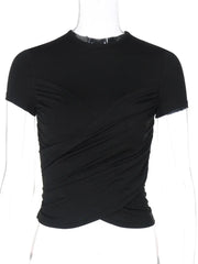 Women’s black pleated bandage cropped T-shirt with Y2K streetwear vibe.