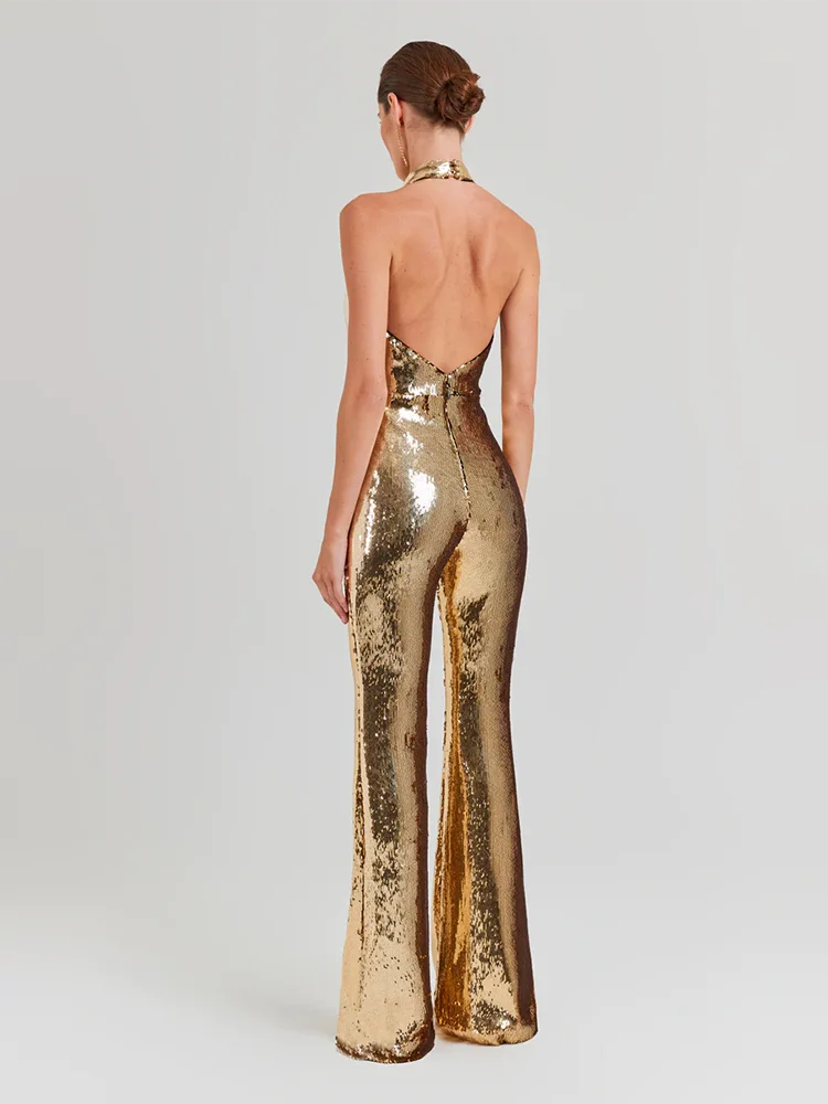 Gold sequin sleeveless V neck wide leg jumpsuit.

