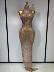 Chain Embellished Halter Mesh Gown
