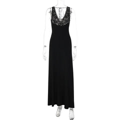 Black Lace V-Neck Sleeveless Maxi Dress
