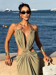Halter Deep Neck Draped Cut Out Maxi Dress
