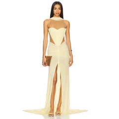 Ruched halter neck high slit maxi dress