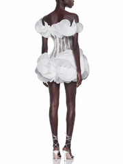 White Lace Corset 3d Ruffle Hem Slash Neck Mini Dress