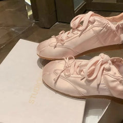 Satin Ballet Sneakers Round Toe Lace Up Bowknot Flats