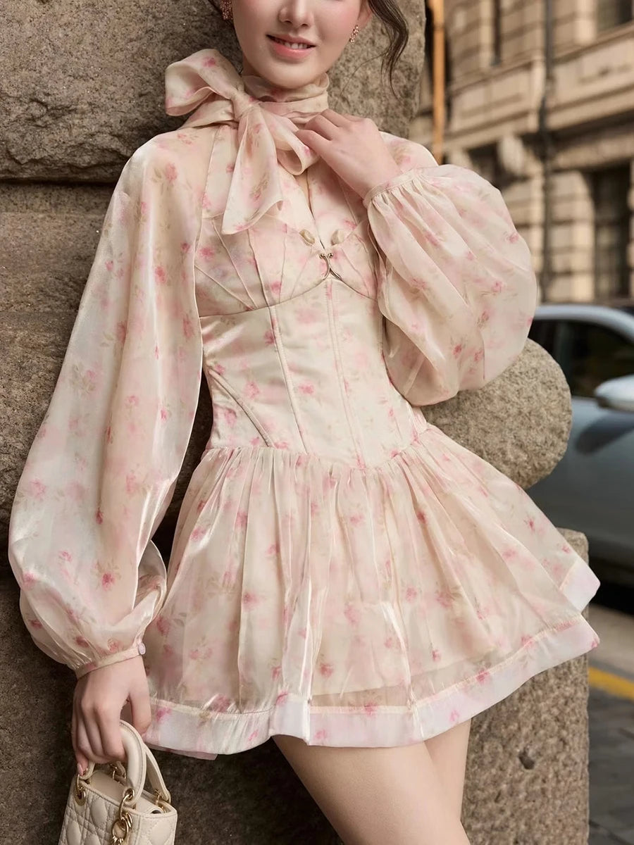 Model wearing a floral puff sleeve mini dress outdoors